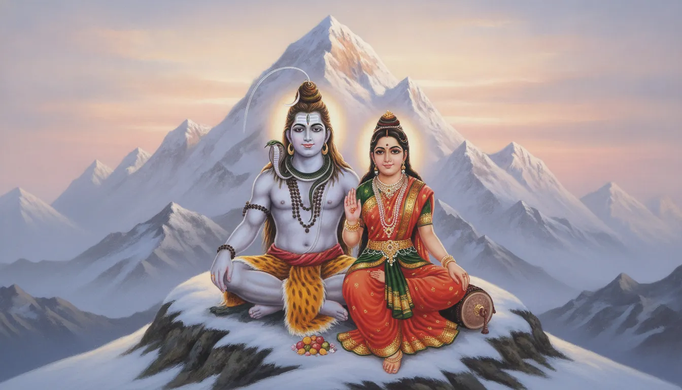 Lord Shiva and Goddess Parvati sitting together on Mount Kailash giving blessings with a serene Himalayan background.