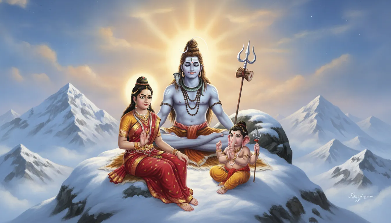 Lord Shiva and Goddess Parvati on Mount Kailash with Ganesha and Kartikeya
