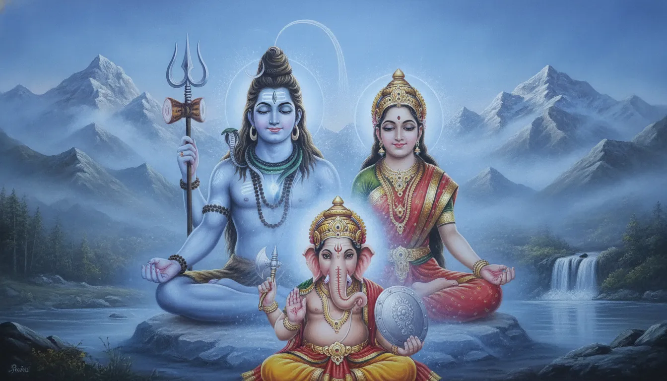 Divine couple Lord Shiva and Parvati in deep meditation with Ganesha guarding the sacred space.