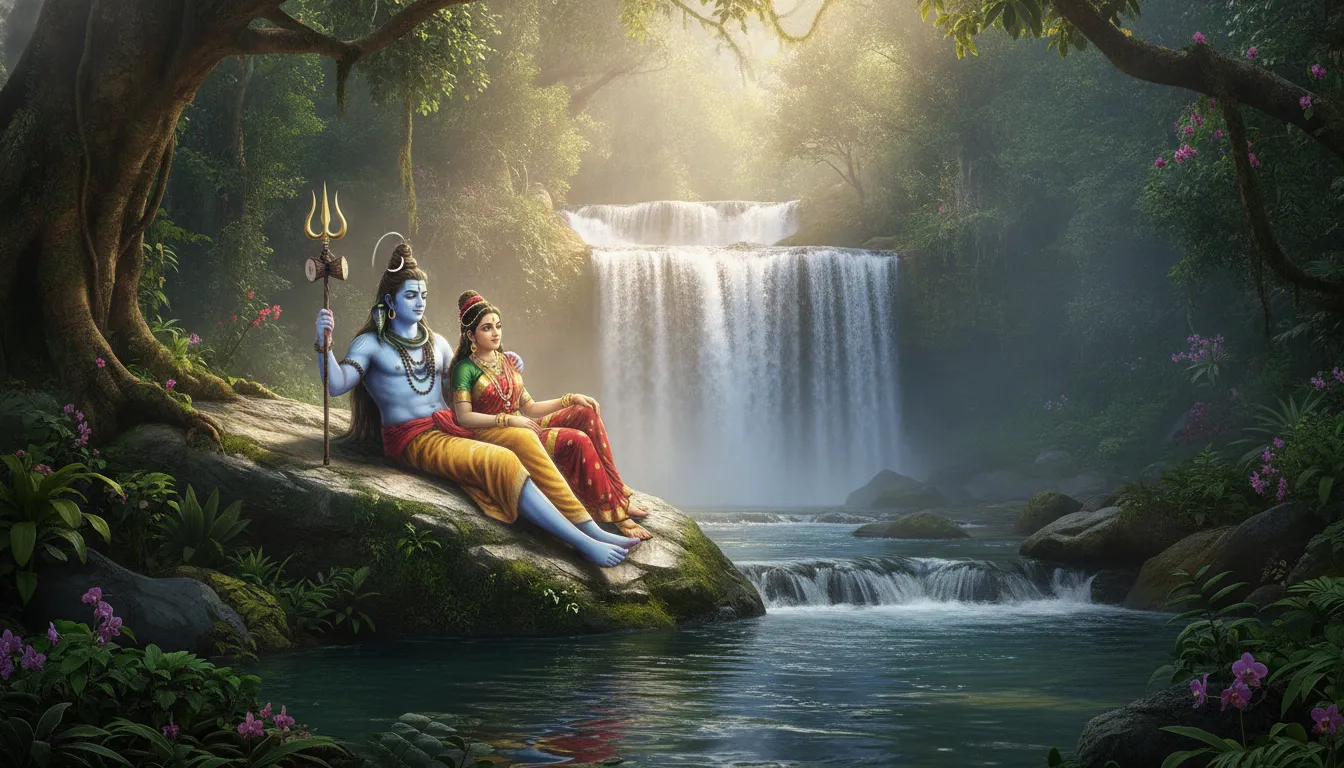 Lord Shiva and Goddess Parvati sitting near a beautiful waterfall in a dense forest