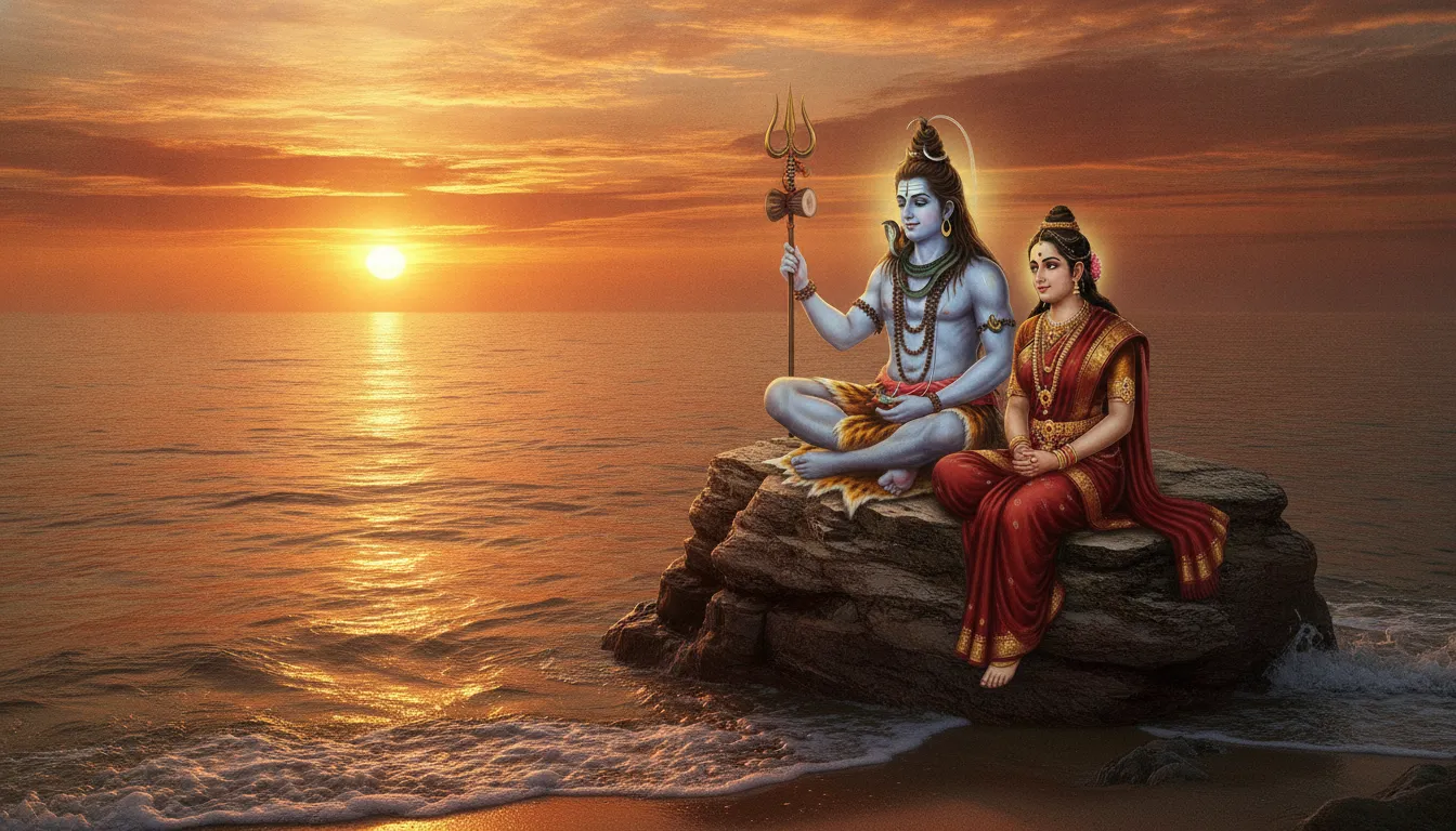 Shiva and Parvati sitting together near ocean with trident at sunset