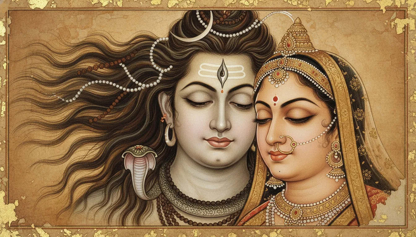 Elegant traditional illustration of Shiva and Parvati with detailed golden ornaments, dark wavy hair, and aged paper texture background.