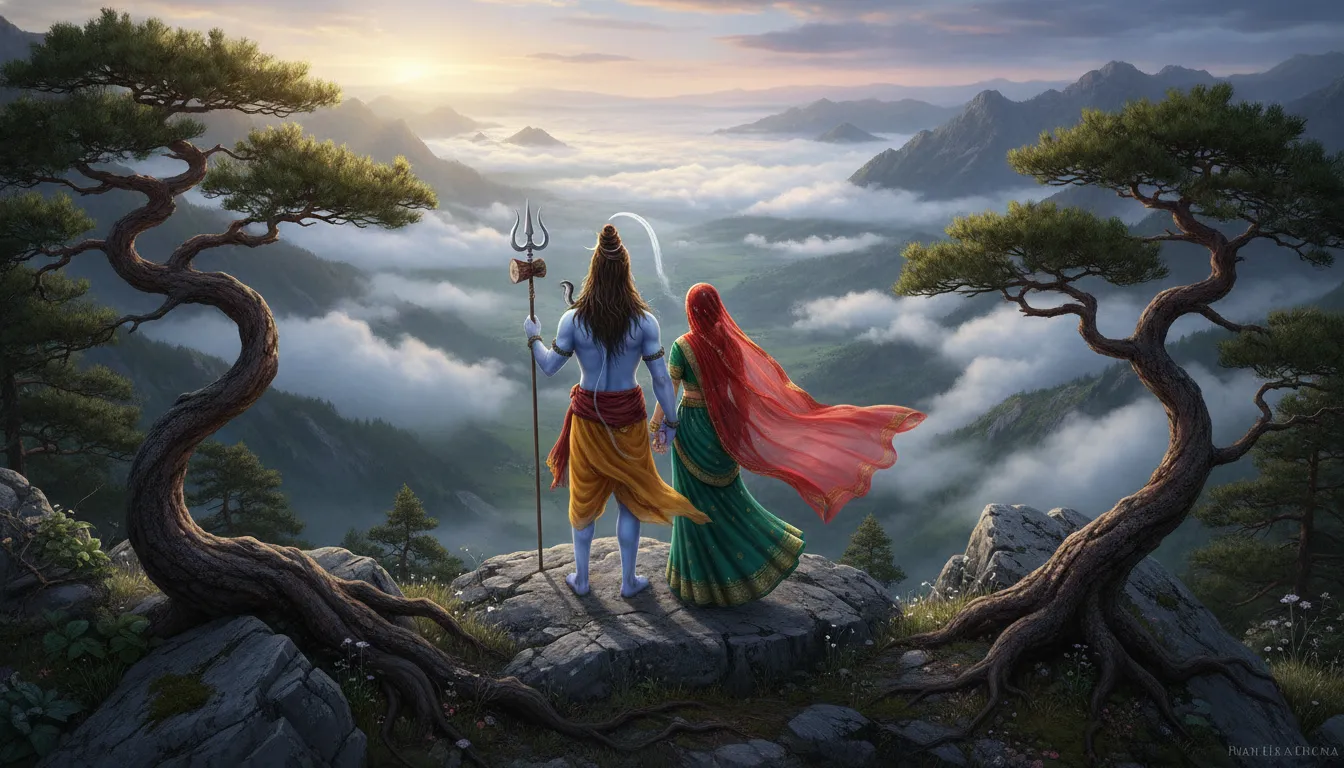 Shiva and Parvati looking down at a vast valley from a rocky forest cliff