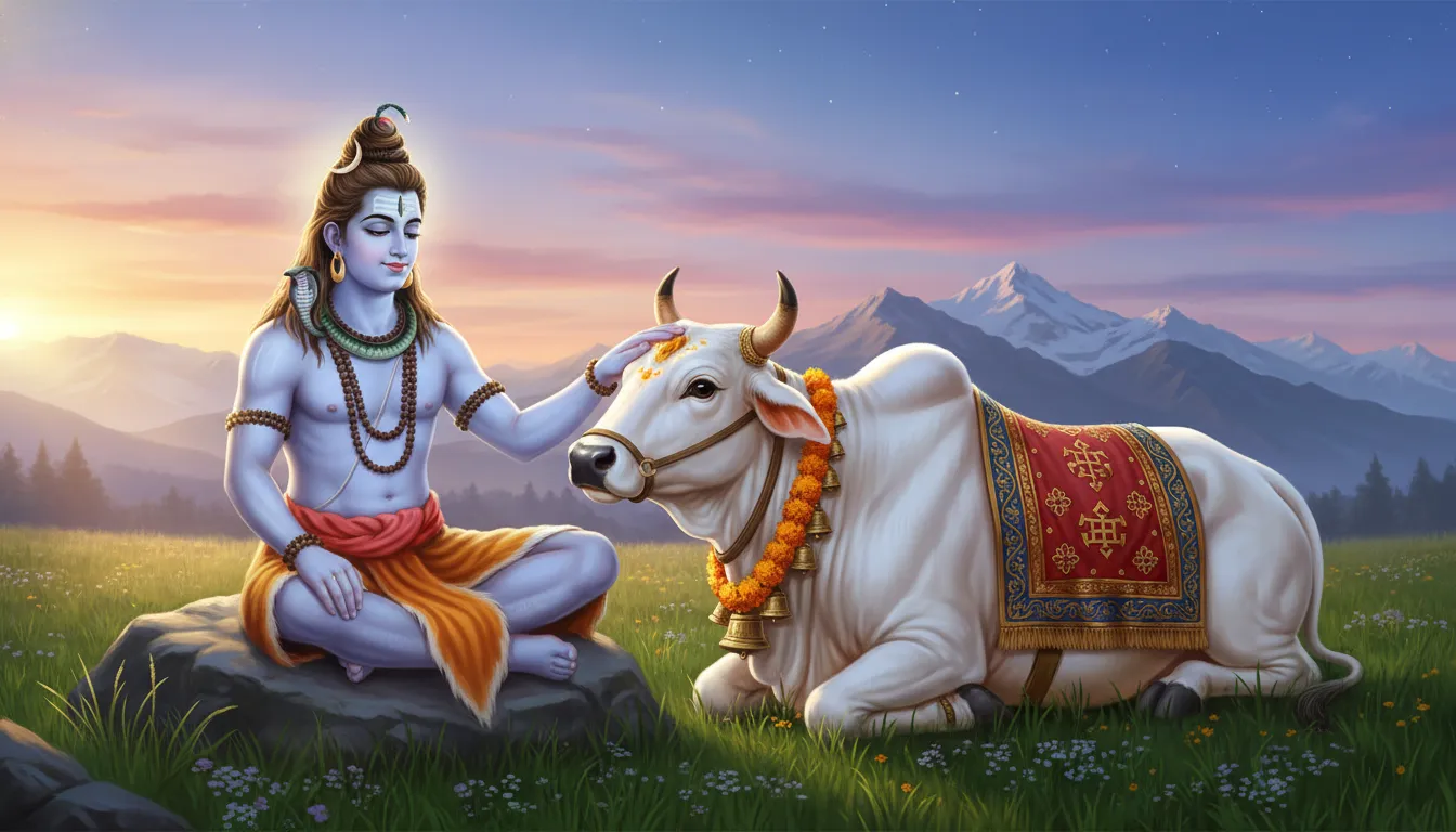 1080p mahadev photo hd featuring Lord Shiva resting his hand gently on his loyal vehicle Nandi the bull.