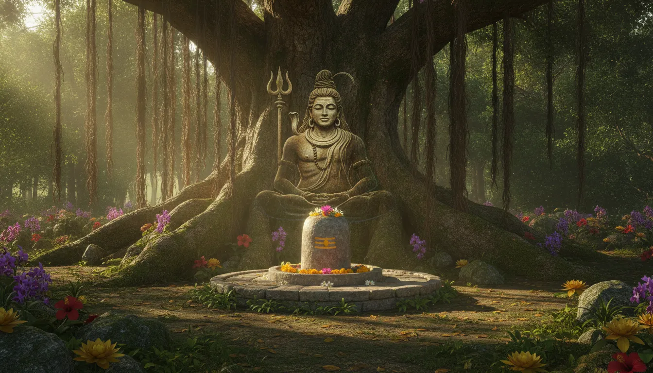 Peaceful 3D graphic of a Shivling under a large old Banyan tree with Lord Shiva meditating in the roots.