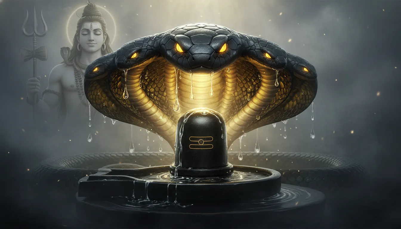 A powerful digital art piece of a large cobra shielding a sacred Shiva Lingam with Lord Shiva appearing in the background.