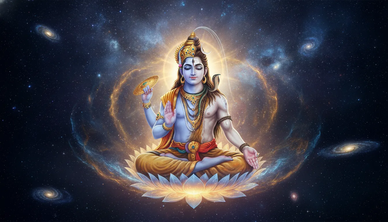 Lord Shiva and Lord Vishnu merged as Harihara meditating in a cosmic background.