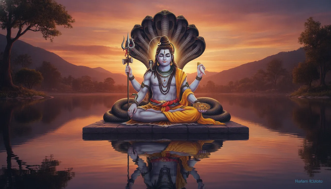 Harihara meditating during a vibrant golden twilight with Sheshnag behind them.