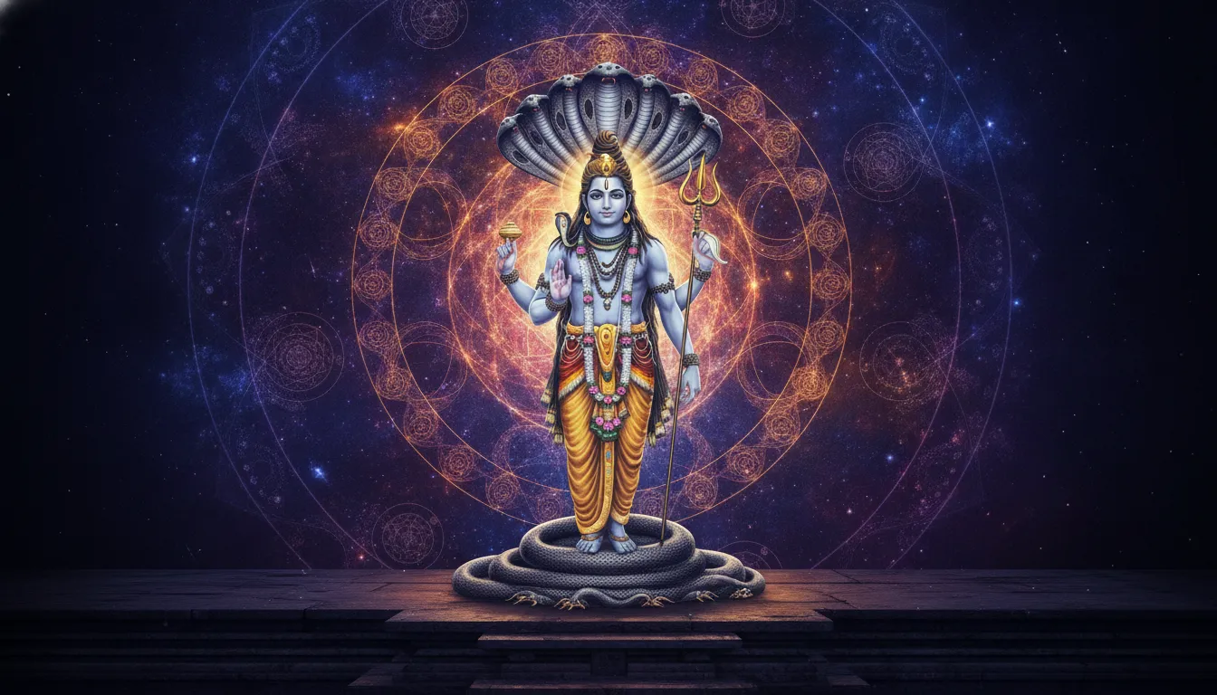 Sacred geometry and cosmic alignment surrounding Harihara with Sheshnag.