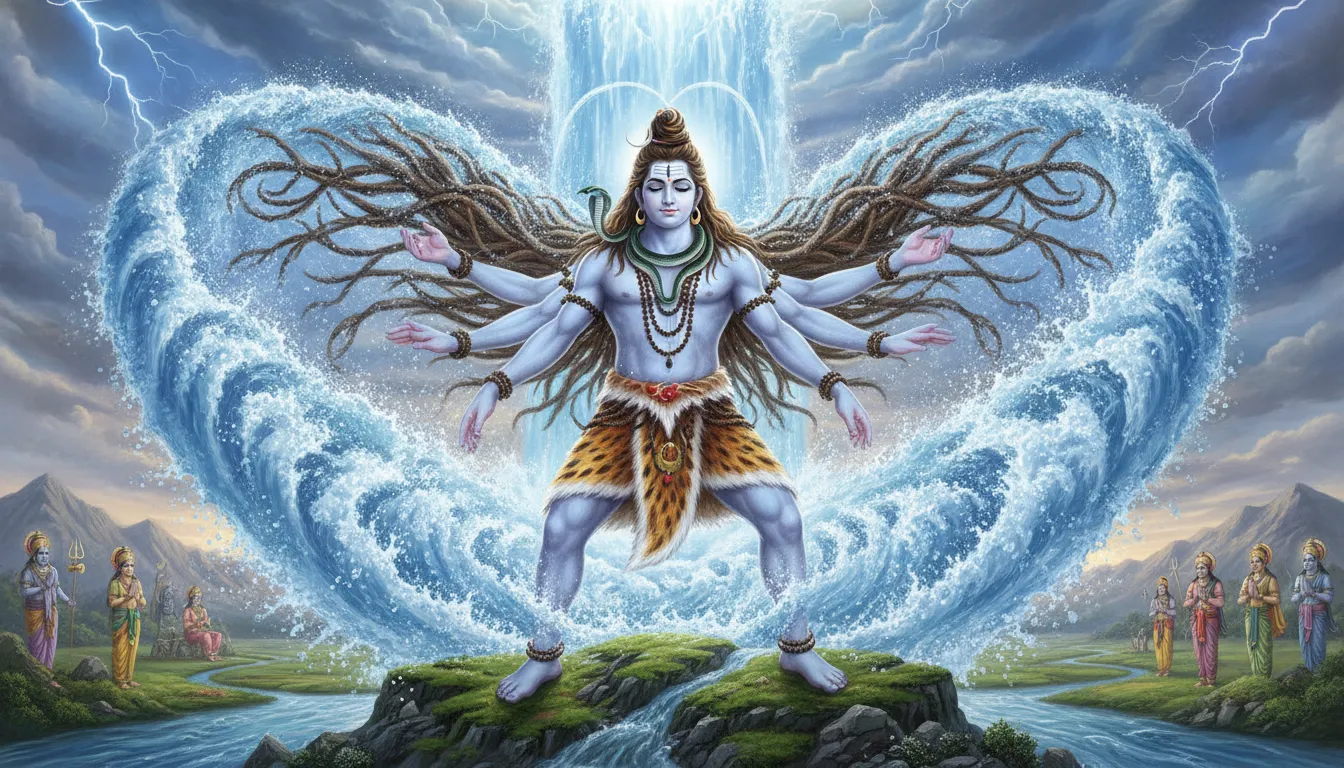 Art showing multi-armed Lord Shiva locking the mighty River Ganga in his matted hair.