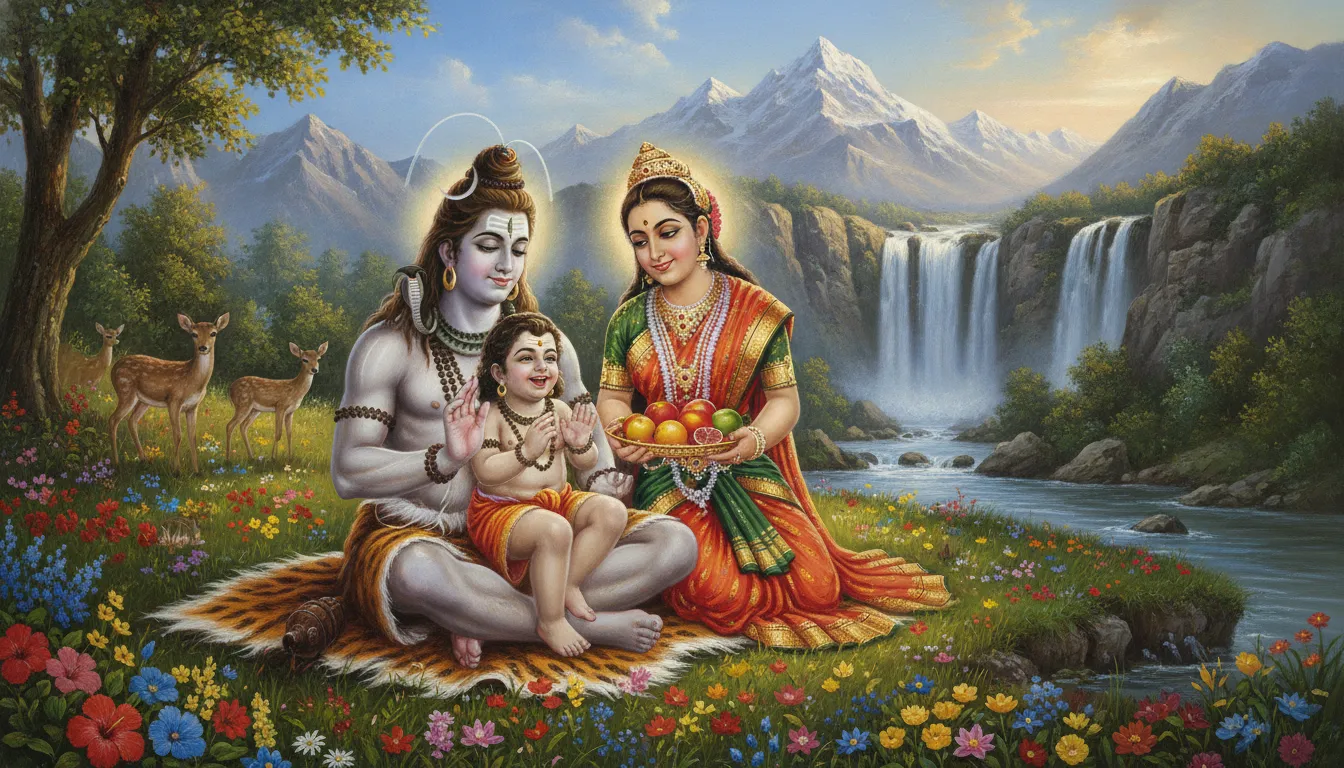 A cheerful divine family painting featuring Lord Shiva holding a laughing young Murugan alongside Goddess Parvati.