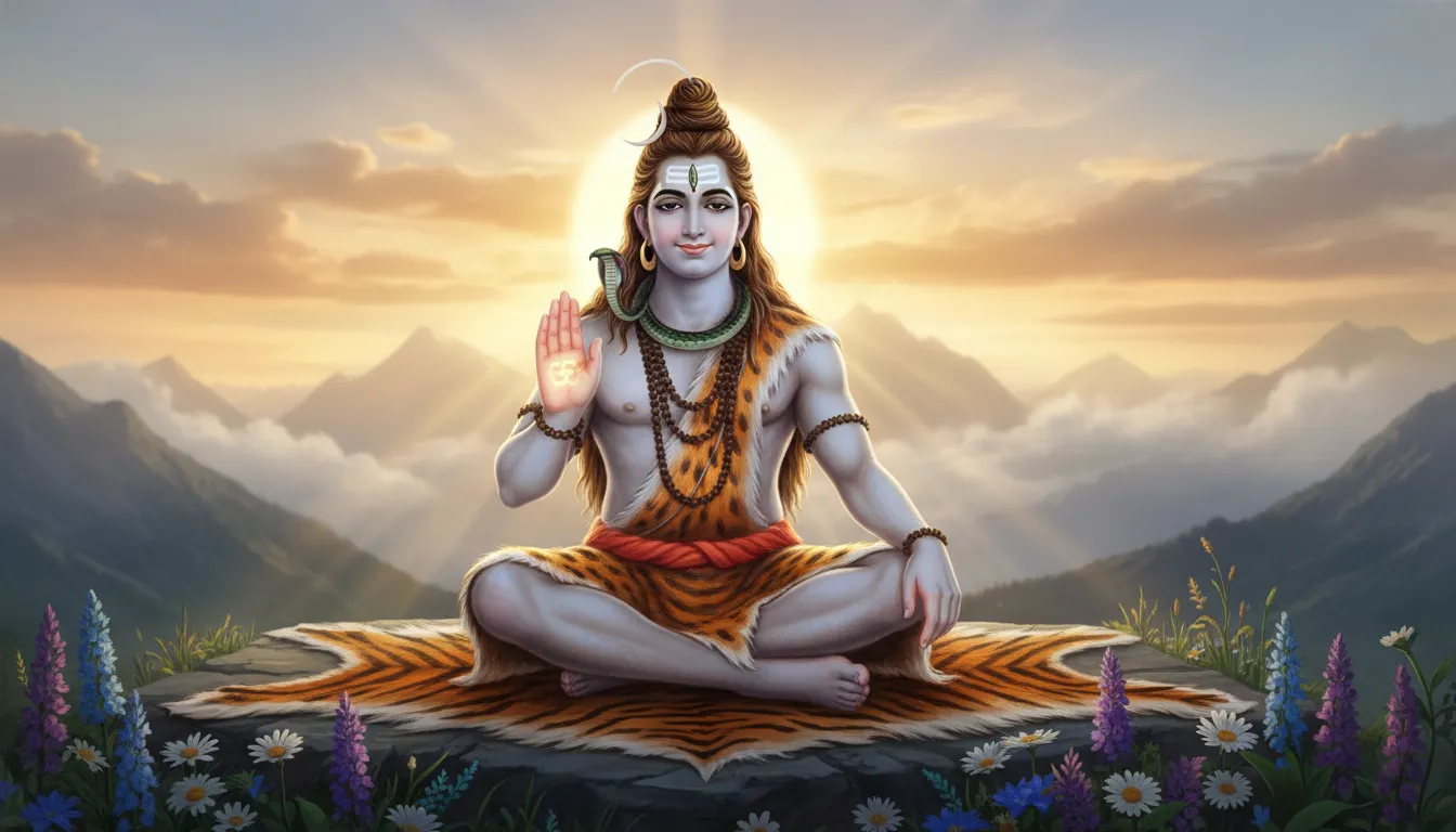 1080p mahadev photo hd depicting Lord Shiva raising his hand in the divine blessing mudra with glowing light.