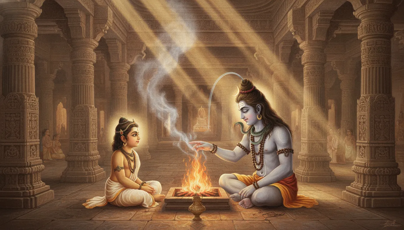 Art piece showing Lord Shiva performing a blessing ceremony for young Murugan with holy fire.