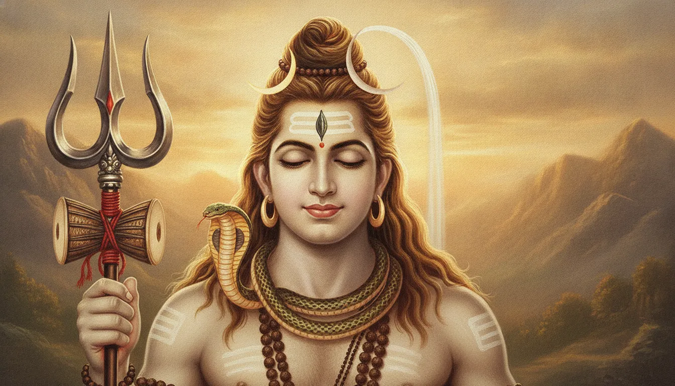 Close up portrait of Mahadev holding his sacred Trishul and Damru.