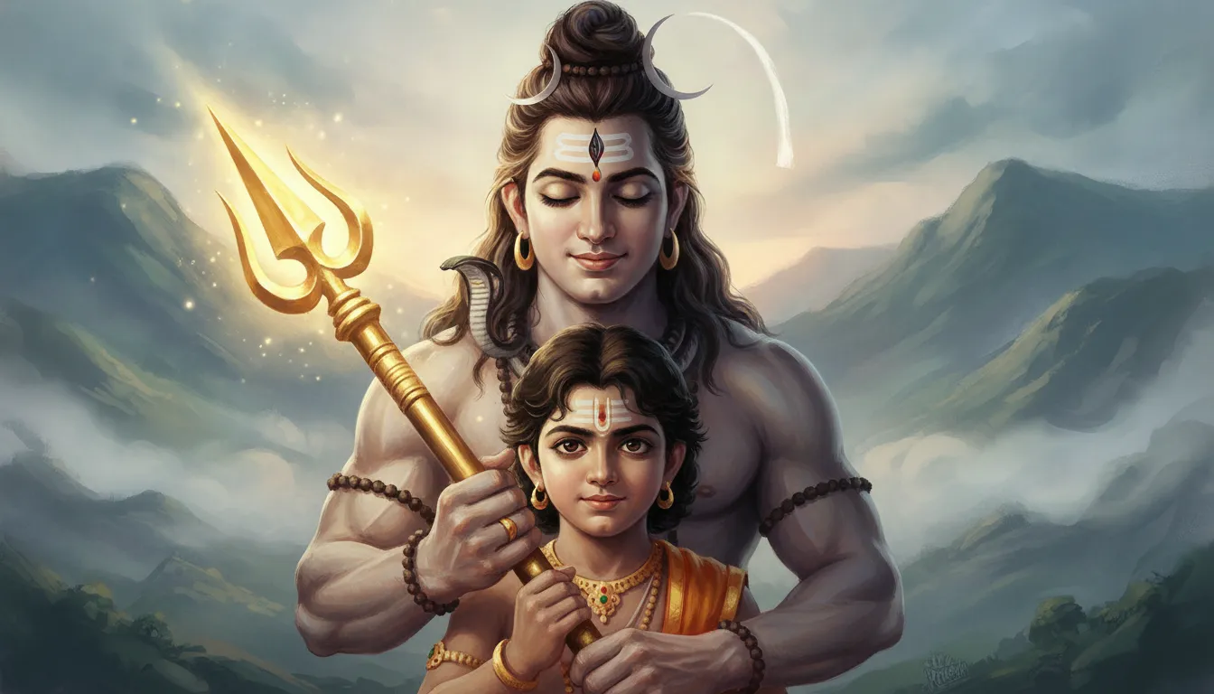 Painting of Lord Shiva showing a young Murugan how to hold the sacred golden Vel spear.