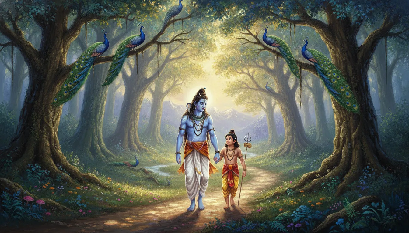 Painting of Lord Shiva walking along a forest path while holding the small hand of young Murugan.