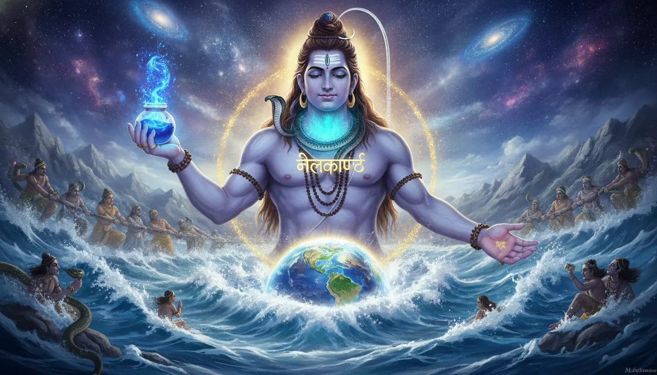 Graphic art of multi-armed Lord Shiva saving the universe by holding blue poison in his throat.