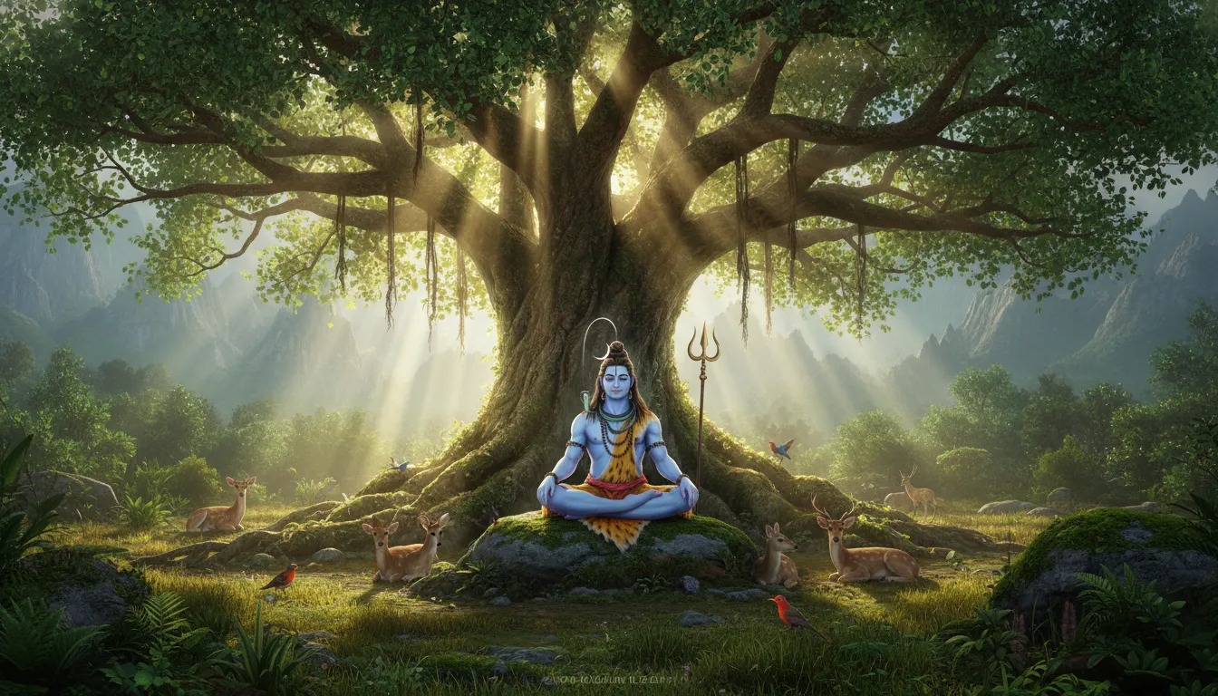 Har Har Mahadev HD photos DSLR showing Lord Shiva sitting peacefully in a mystical forest.