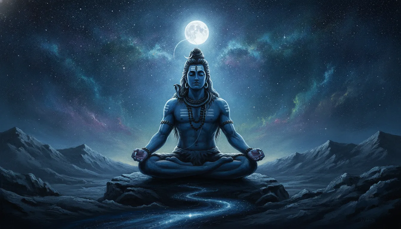 A dark-themed painting of Lord Shiva meditating under a clear night sky filled with stars and a full moon.