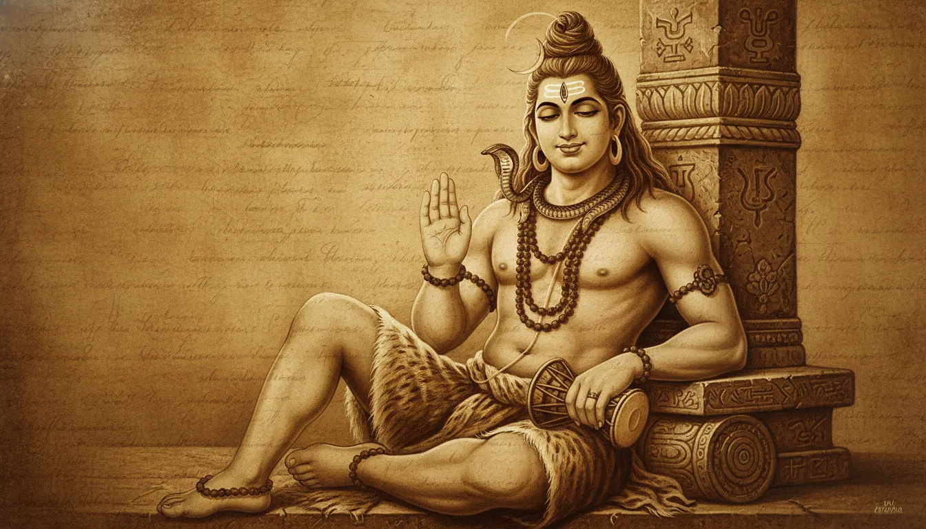 A vintage monochromatic painting of Lord Shiva in warm golden-brown tones holding a damru.