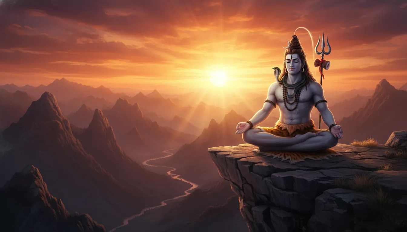 Lord Shiva meditating on a high mountain cliff against a dramatic orange and gold sunset sky.