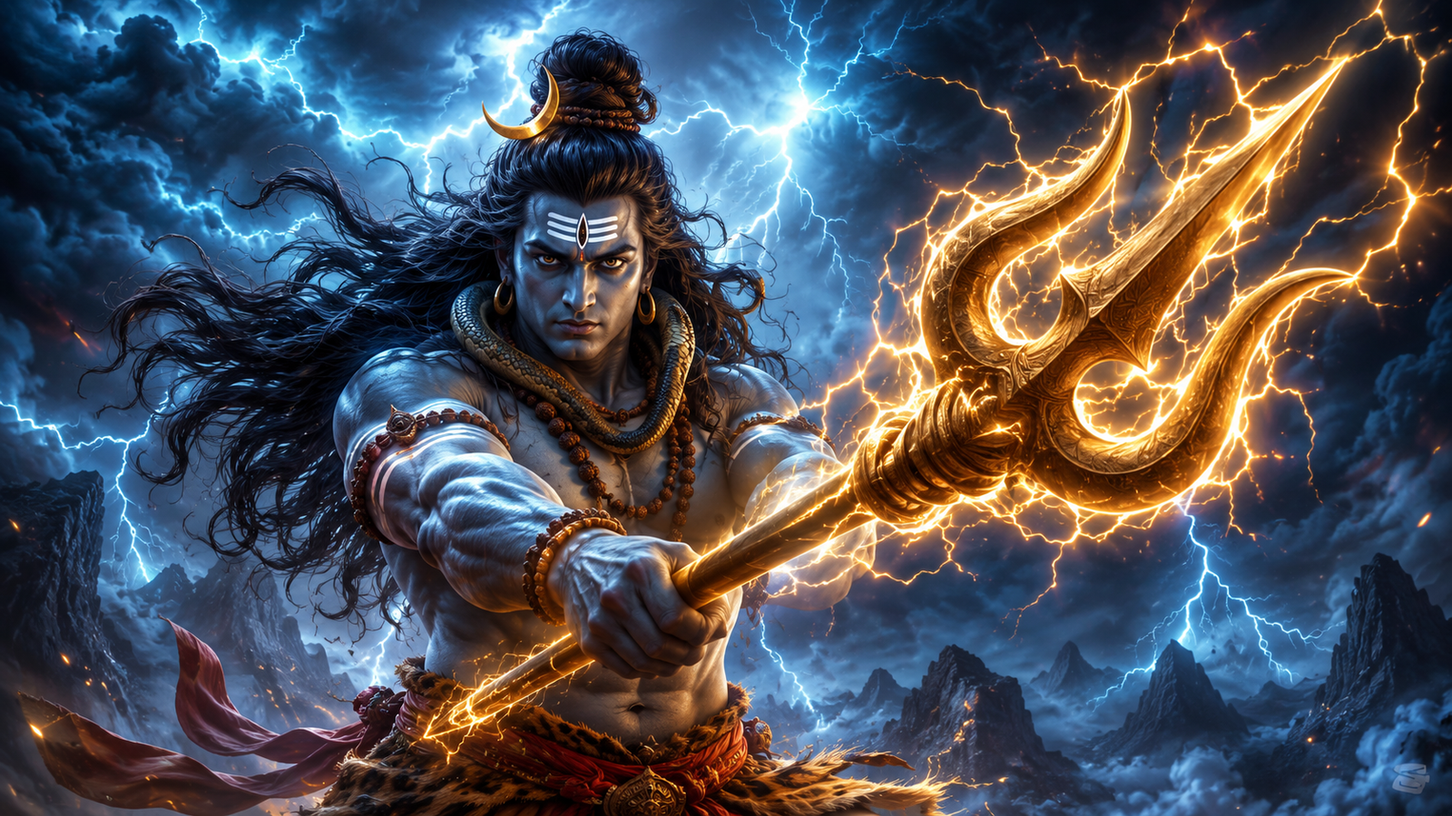 Powerful digital illustration of Lord Shiva in his fierce Rudra form wielding a golden trishul.