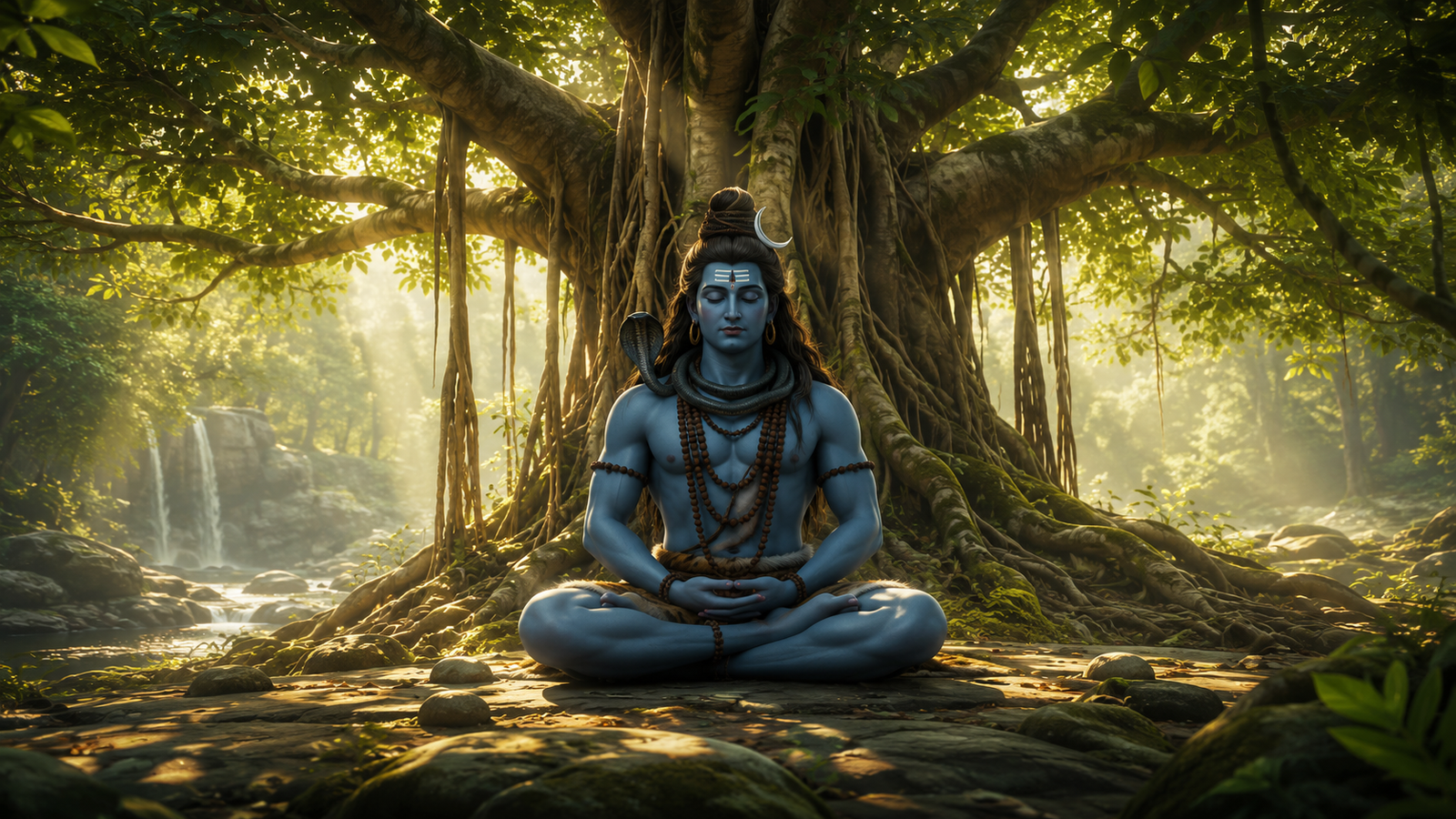 Lord Shiva as Adiyogi meditating under a large ancient banyan tree in a peaceful forest setting.