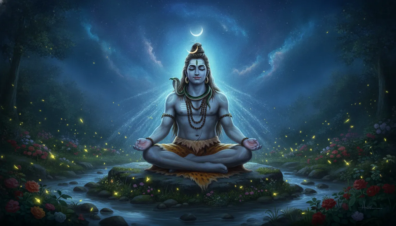 Lord Shiva meditating in a spring garden during twilight with glowing fireflies and a crescent moon.