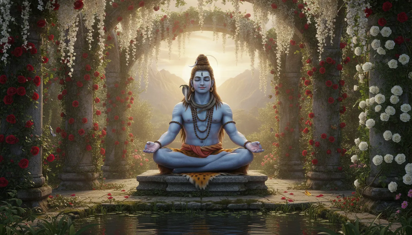 Lord Shiva meditating surrounded by climbing jasmine vines and blooming red and white roses.