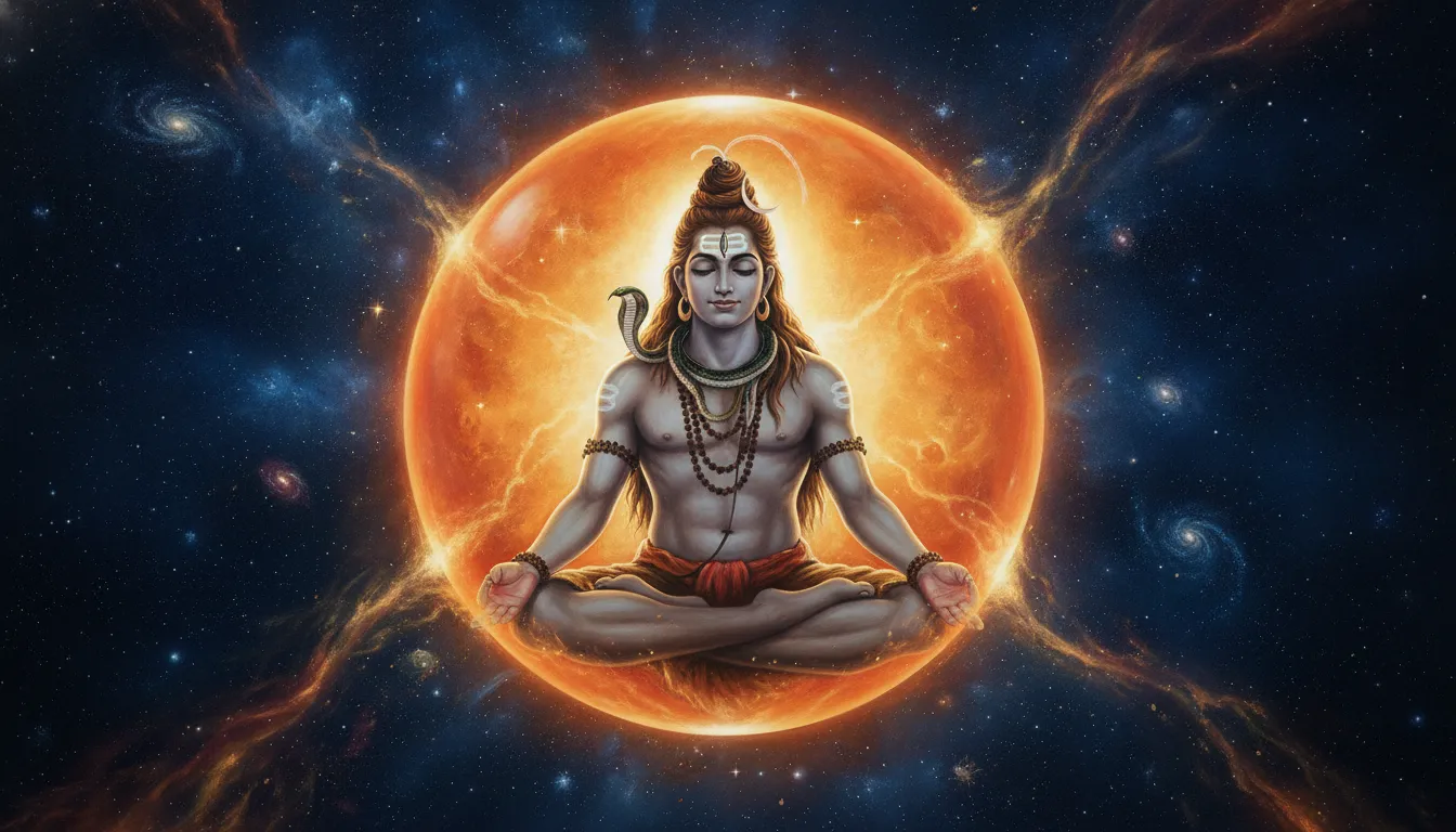 A youthful depiction of Lord Shiva sitting inside a glowing cosmic bubble.