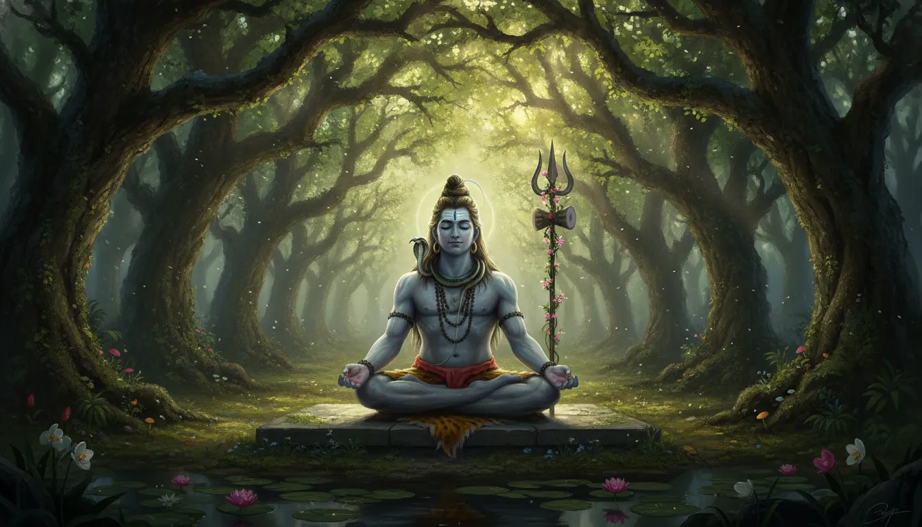 Lord Shiva sitting in meditation inside a dense grove of ancient trees covered in fresh spring leaves.