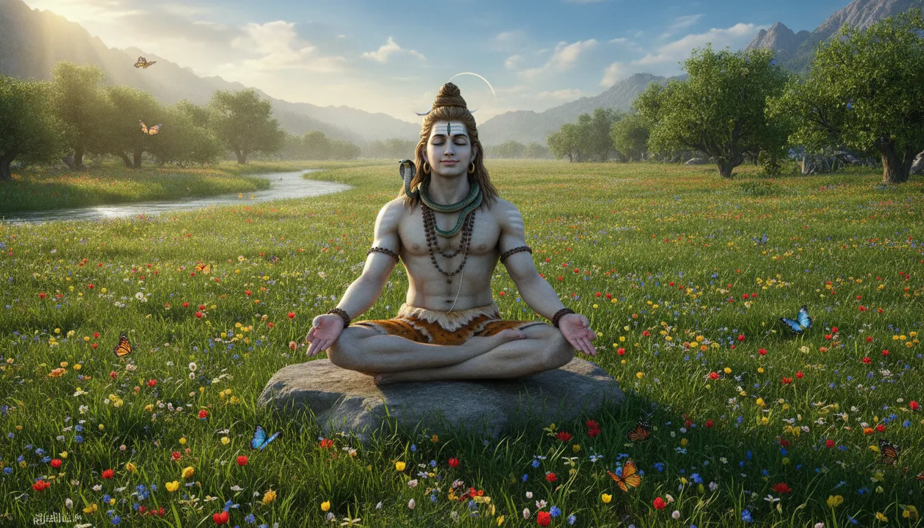 Lord Shiva meditating in a green meadow filled with colorful spring flowers under bright sunlight.