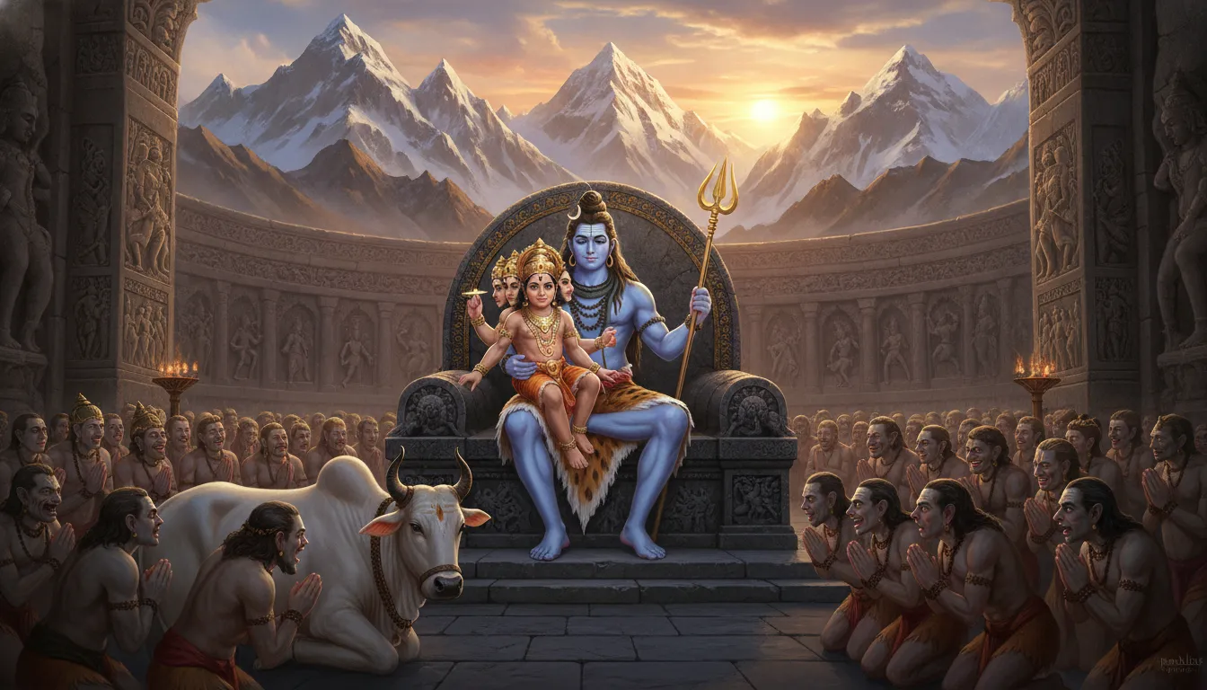 Grand painting of Lord Shiva holding young Murugan on a golden throne before Nandi and the ganas.