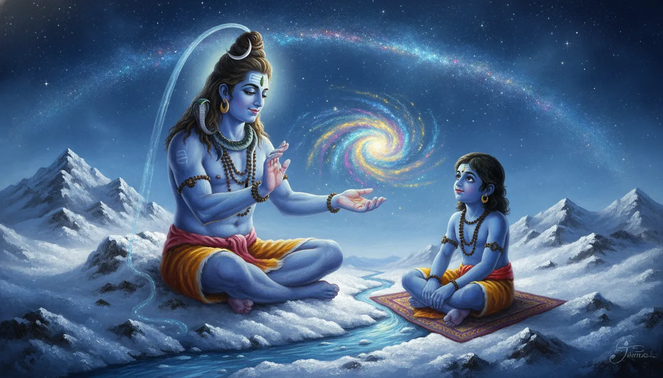Detailed painting of Lord Shiva explaining the universe to a young child Murugan on Mount Kailash.