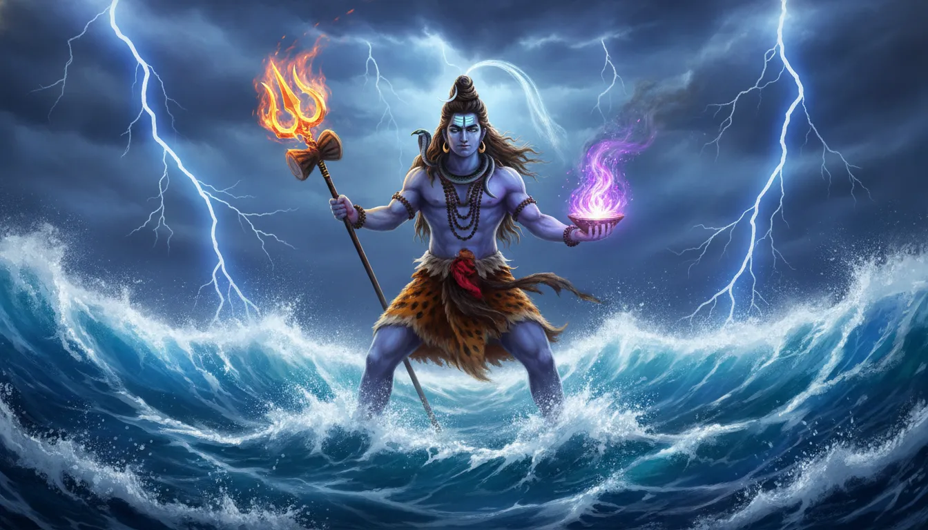 Lord Shiva holding a glowing Trishul and a mystical bowl amidst stormy ocean waves.