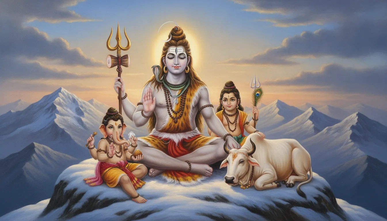 Lord Shiva sitting peacefully with young Ganesha and Kartikeya in Mount Kailash.