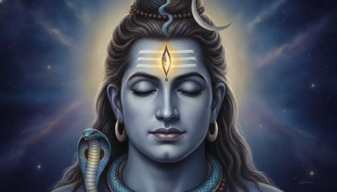 An artistic portrait painting of Lord Shiva with his third eye partially open, emitting a soft divine light.