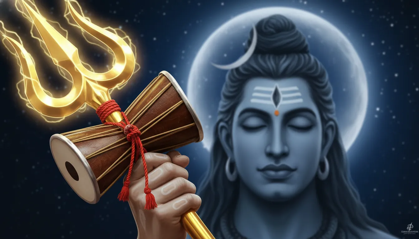Close-up of Lord Shiva holding a glowing golden Trishul with a sacred Damru tied to it.