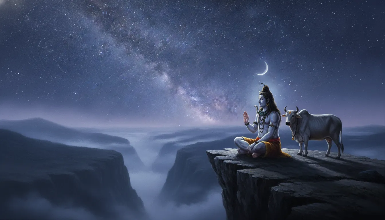 Lord Shiva sitting quietly with Nandi under a brilliant night sky filled with stars and the crescent moon over the Himalayas.