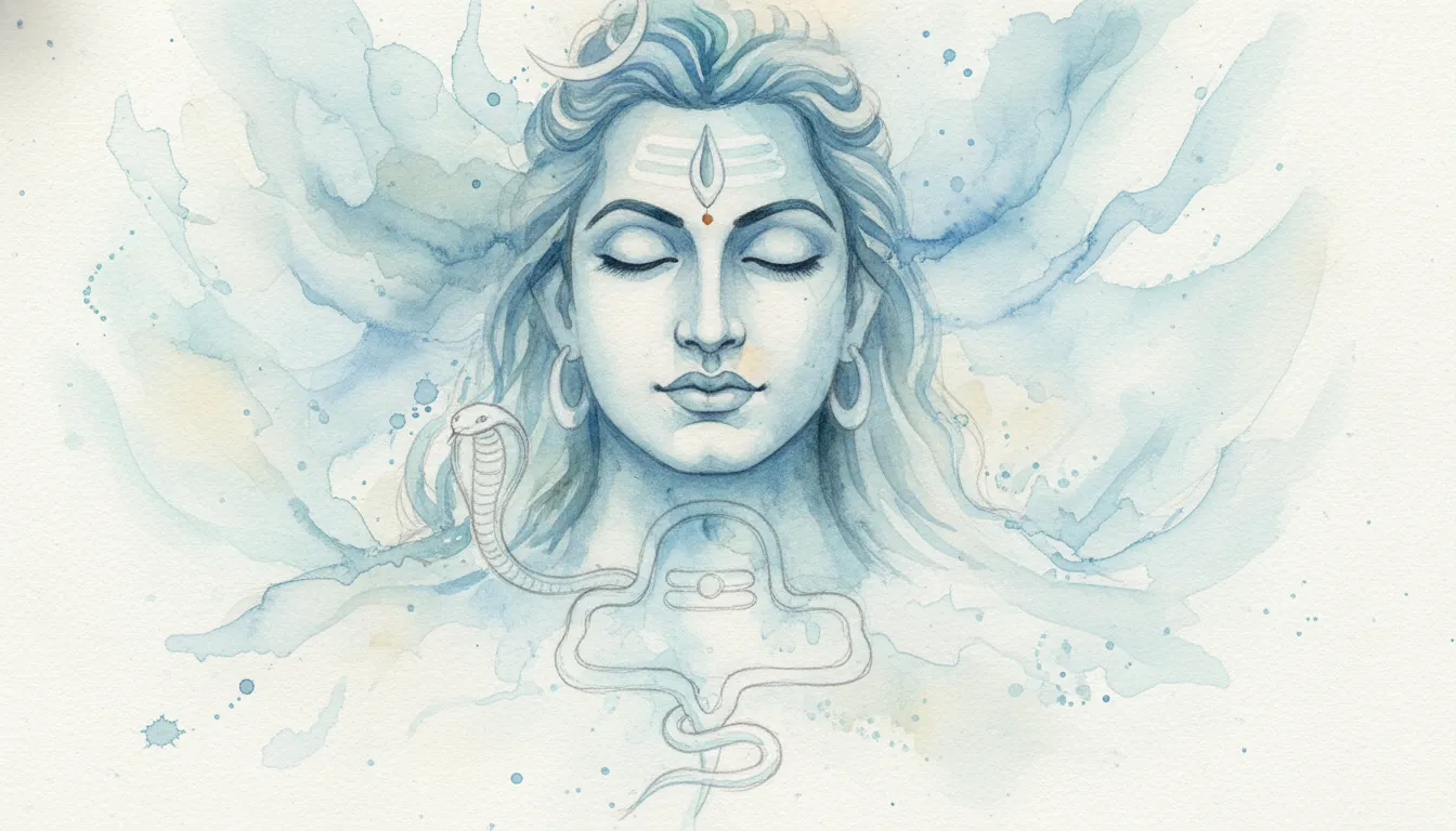 A soft and beautiful watercolor painting of Lord Shiva with a gentle blue color theme featuring a snake and Lingam.
