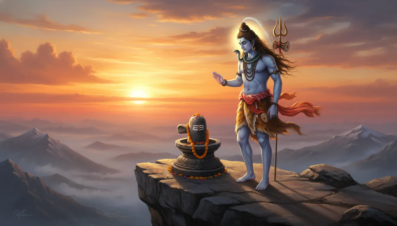 Lord Shiva standing on a cliff at sunset looking at a magnificent Shiva Lingam with a snake around his neck.