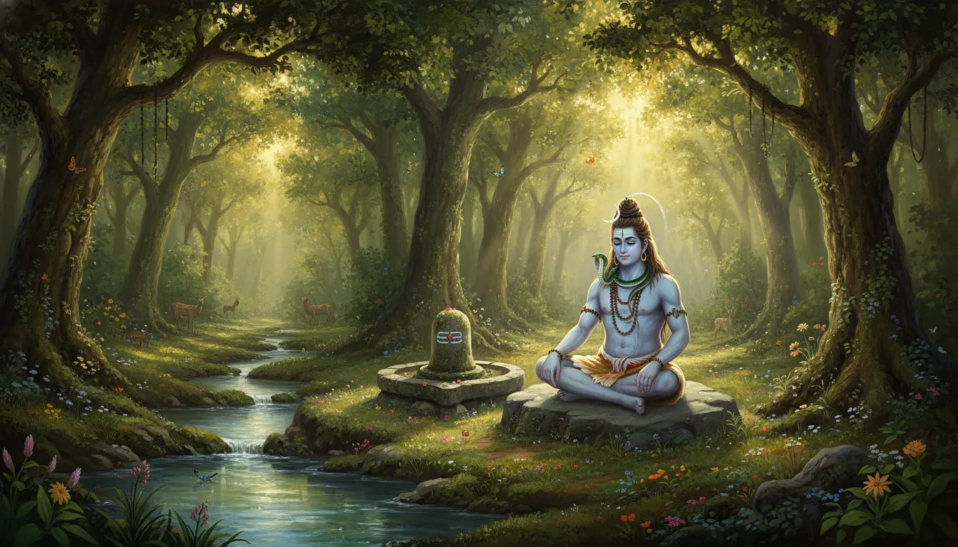 Lord Shiva sitting peacefully in a lush green forest beside an ancient stone Shiva Lingam and a gentle snake