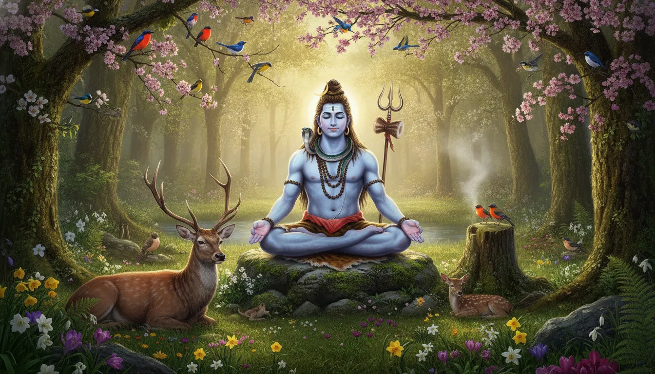Lord Shiva meditating peacefully while gentle birds and deer gather around him in a spring garden.