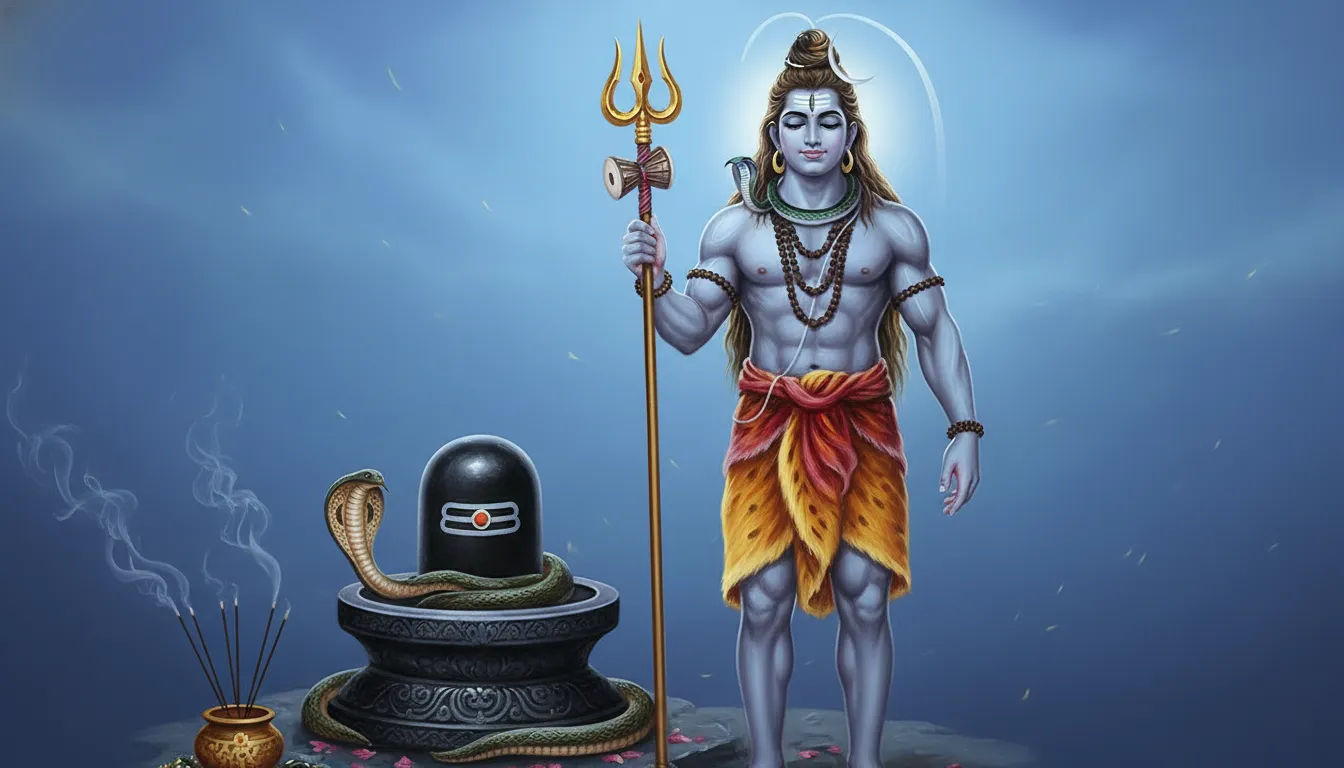 Lord Shiva holding his holy trident next to a dark stone Shiva Lingam with a cobra coiled gracefully around it.