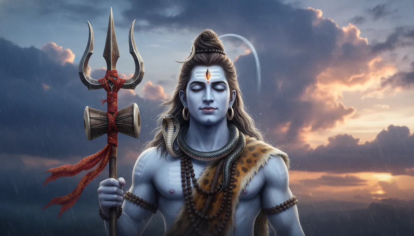 Close-up of Lord Shiva holding Trishul and Damru in 1080p ultra HD quality.