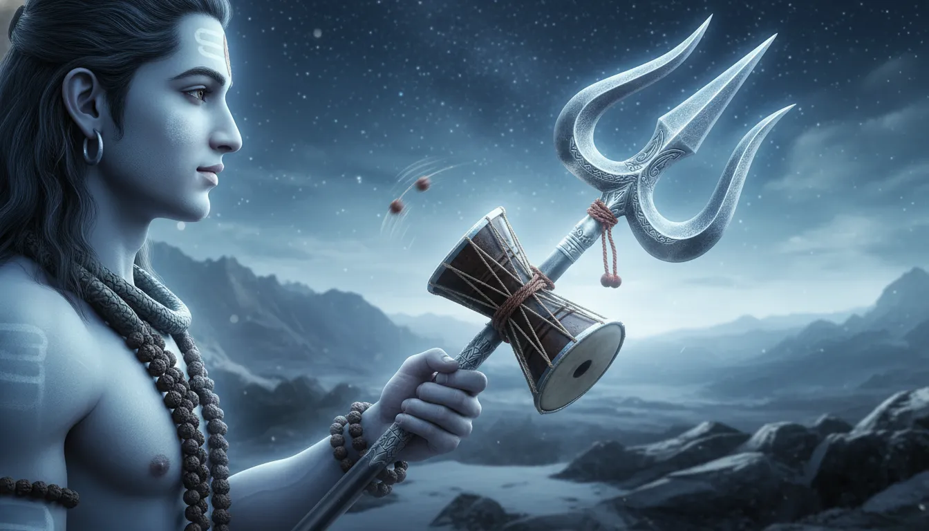 Close up portrait of Lord Shiv Mahadev holding a glowing silver Trishul with a Damru attached under a starlit sky.