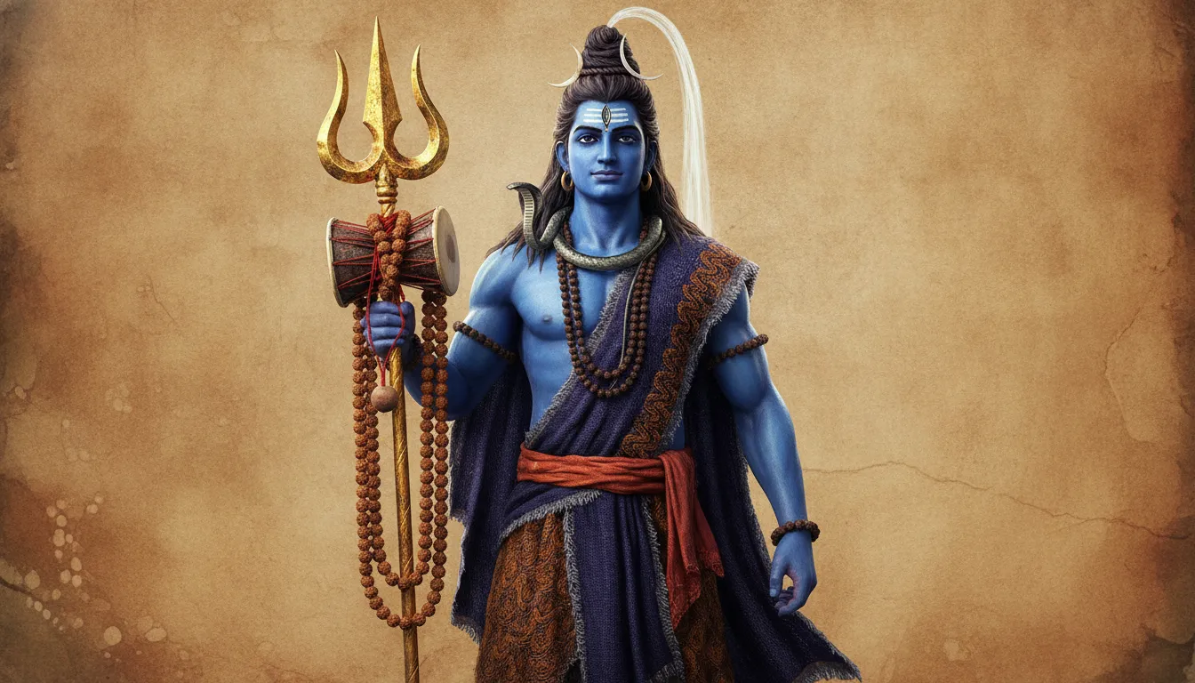 A retro style portrait of Lord Shiva holding his sacred Trishul and Damru.