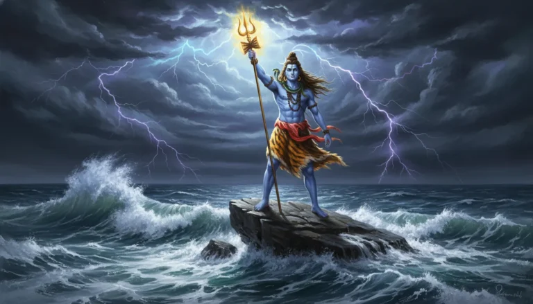 Lord Shiva raising his trident toward the sky in a dramatic stormy sea with lightning.