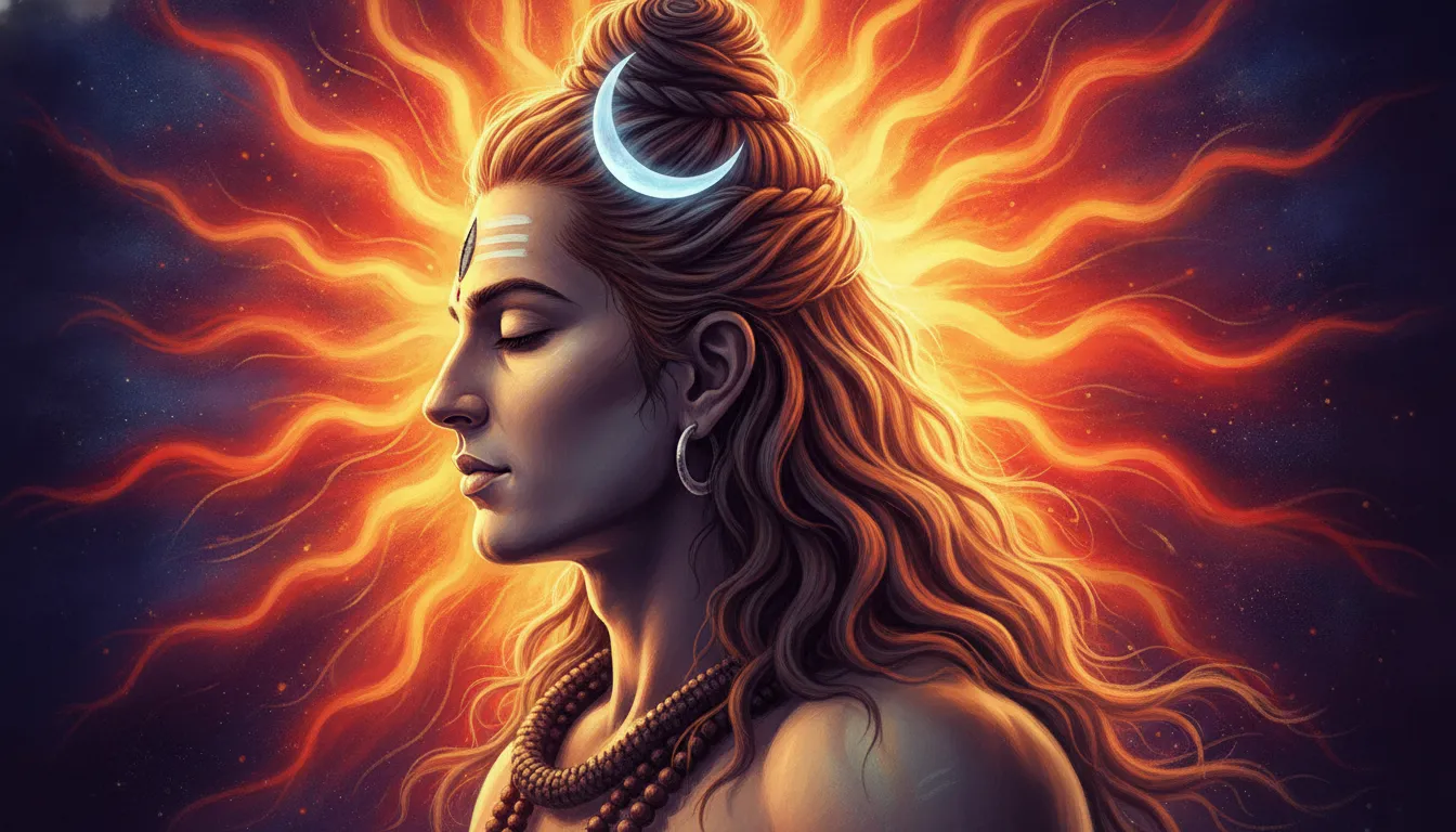 Detailed side profile of Lord Shiva with a brilliant solar flare aura radiating from behind his head.