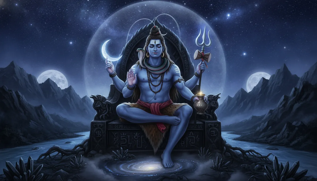 Modern fantasy illustration of Lord Shiva featuring multiple arms, a crescent moon, and Vasuki snake.